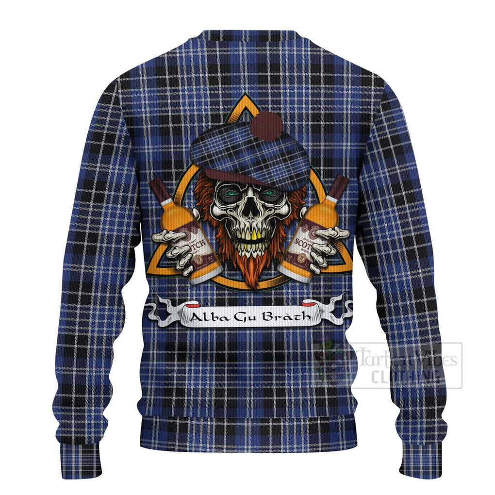 Tartan Vibes Clothing Clark (Clarke) Tartan Knitted Sweater with Family Crest and Bearded Skull Holding Bottles of Whiskey