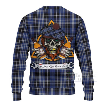 Tartan Vibes Clothing Clark (Clarke) Tartan Knitted Sweater with Family Crest and Bearded Skull Holding Bottles of Whiskey
