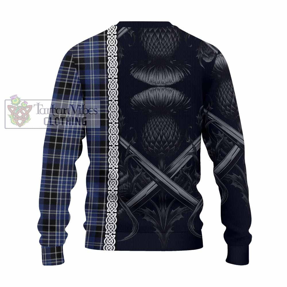 Tartan Vibes Clothing Clark (Clarke) Tartan Knitted Sweater with Family Crest Cross Sword Thistle Celtic Vibes