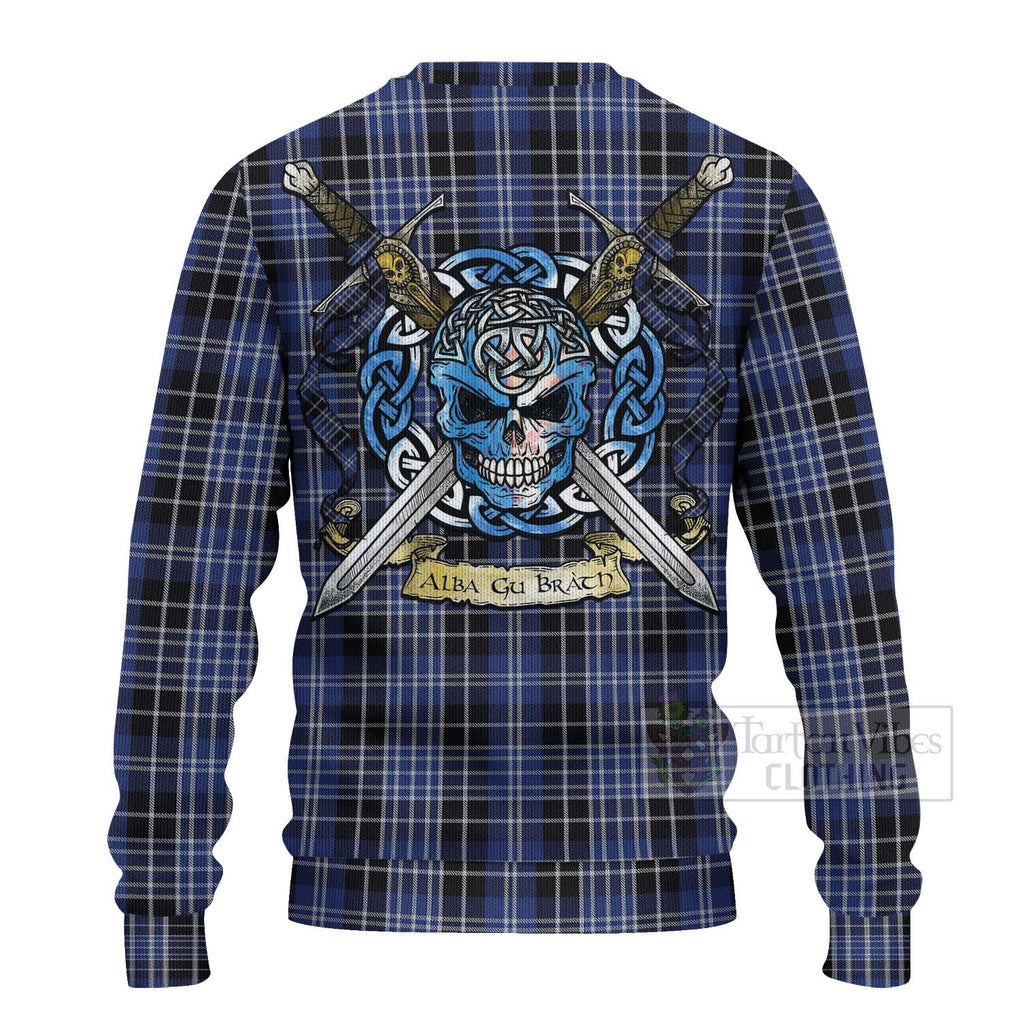 Tartan Vibes Clothing Clark (Clarke) Tartan Knitted Sweater with Family Crest Celtic Skull Style
