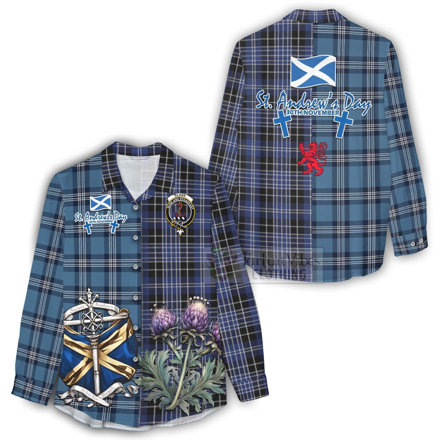 Tartan Vibes Clothing Clark (Clarke) Tartan Women's Casual Shirt Happy St. Andrew's Day Half Tartan Style