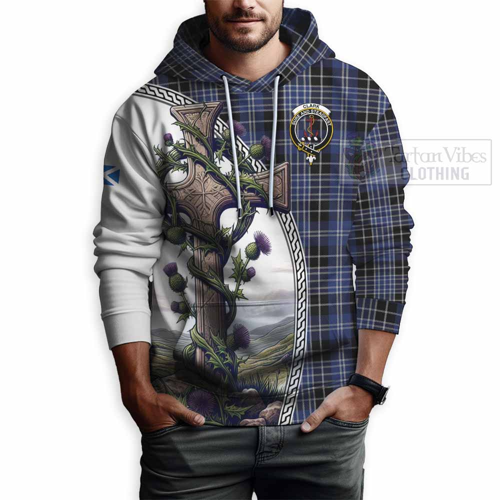 Tartan Vibes Clothing Clark (Clarke) Tartan Hoodie with Family Crest and St. Andrew's Cross Accented by Thistle Vines