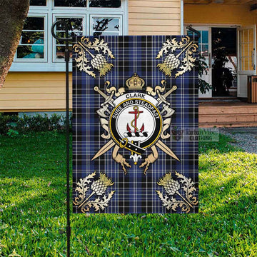 Clark (Clarke) Tartan Garden Flag with Family Crest and Golden Thistle Crossed Sword Design