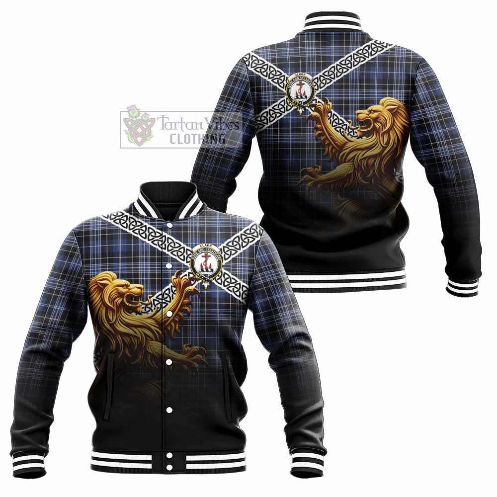 Tartan Vibes Clothing Clark (Clarke) Crest Tartan Baseball Jacket with Golden Lion Emblem Celtic Style