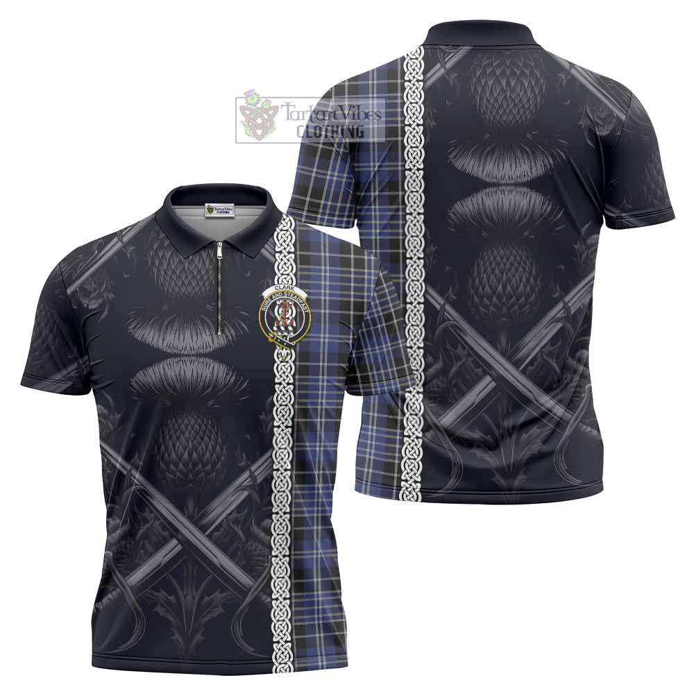 Tartan Vibes Clothing Clark (Clarke) Tartan Zipper Polo Shirt with Family Crest Cross Sword Thistle Celtic Vibes