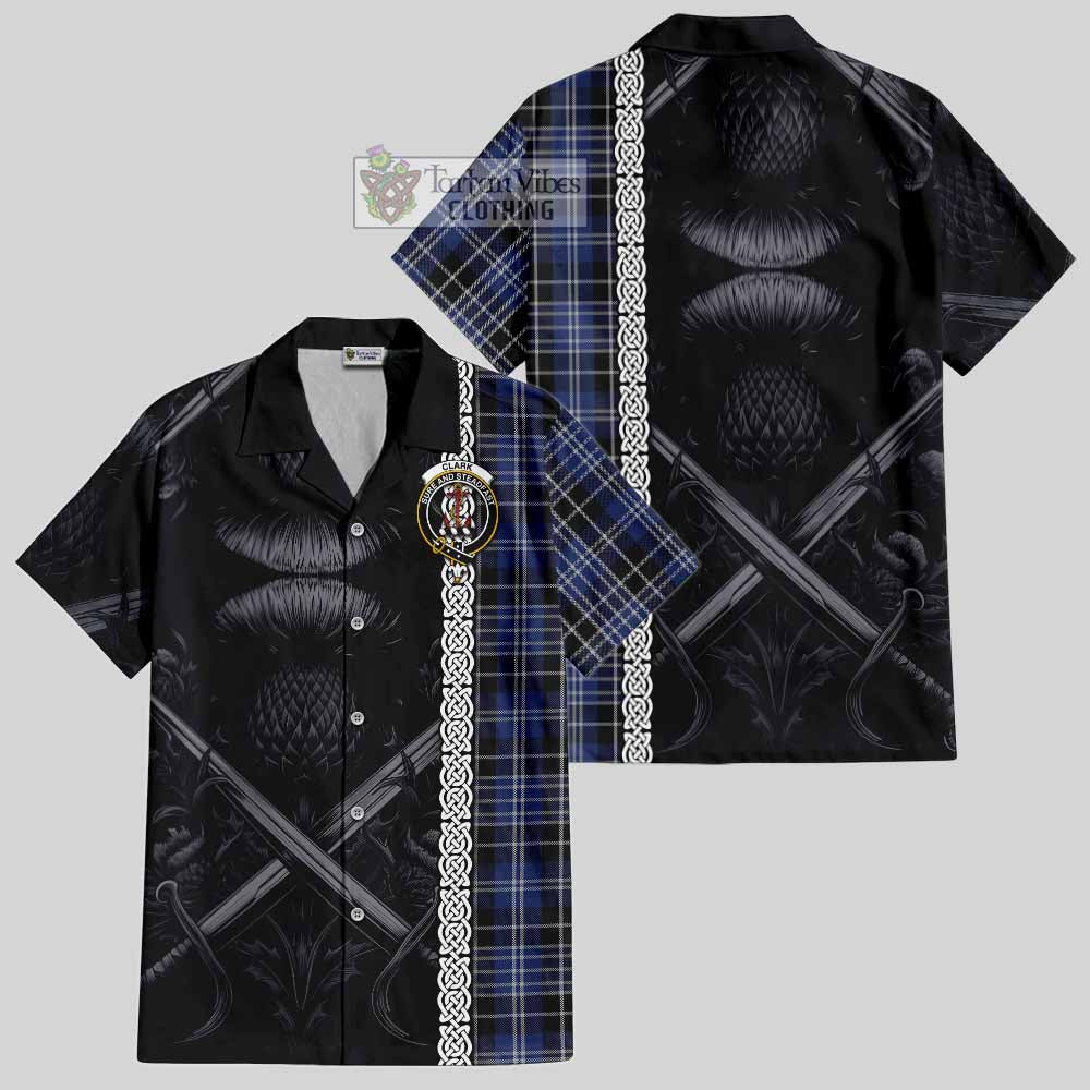 Tartan Vibes Clothing Clark (Clarke) Tartan Short Sleeve Button Shirt with Family Crest Cross Sword Thistle Celtic Vibes