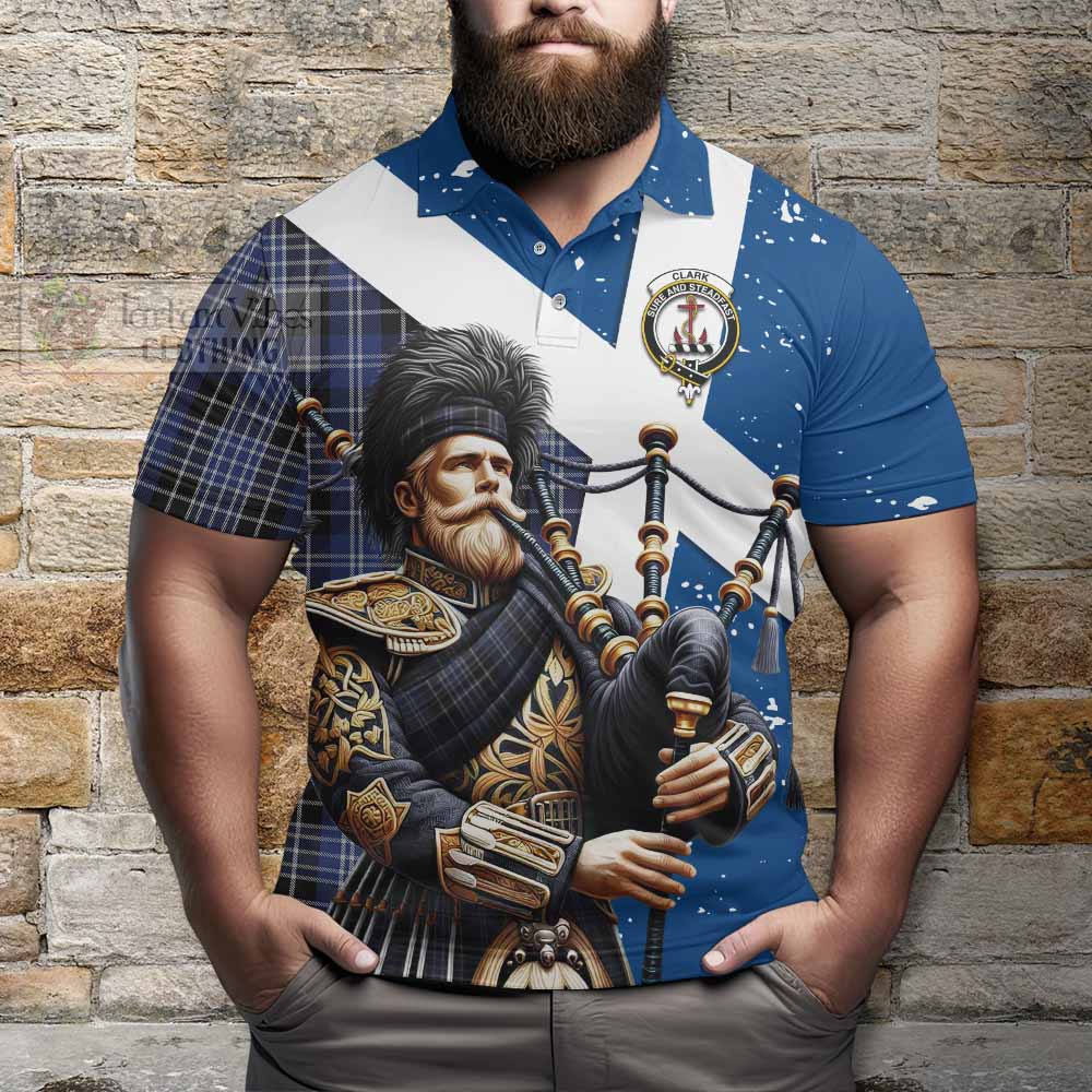 Tartan Vibes Clothing Clark (Clarke) Tartan Polo Shirt with Family Crest Scottish Bagpiper Vibes