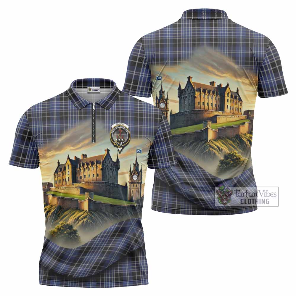 Tartan Vibes Clothing Clark (Clarke) Tartan Family Crest Zipper Polo Shirt with Scottish Ancient Castle Stype