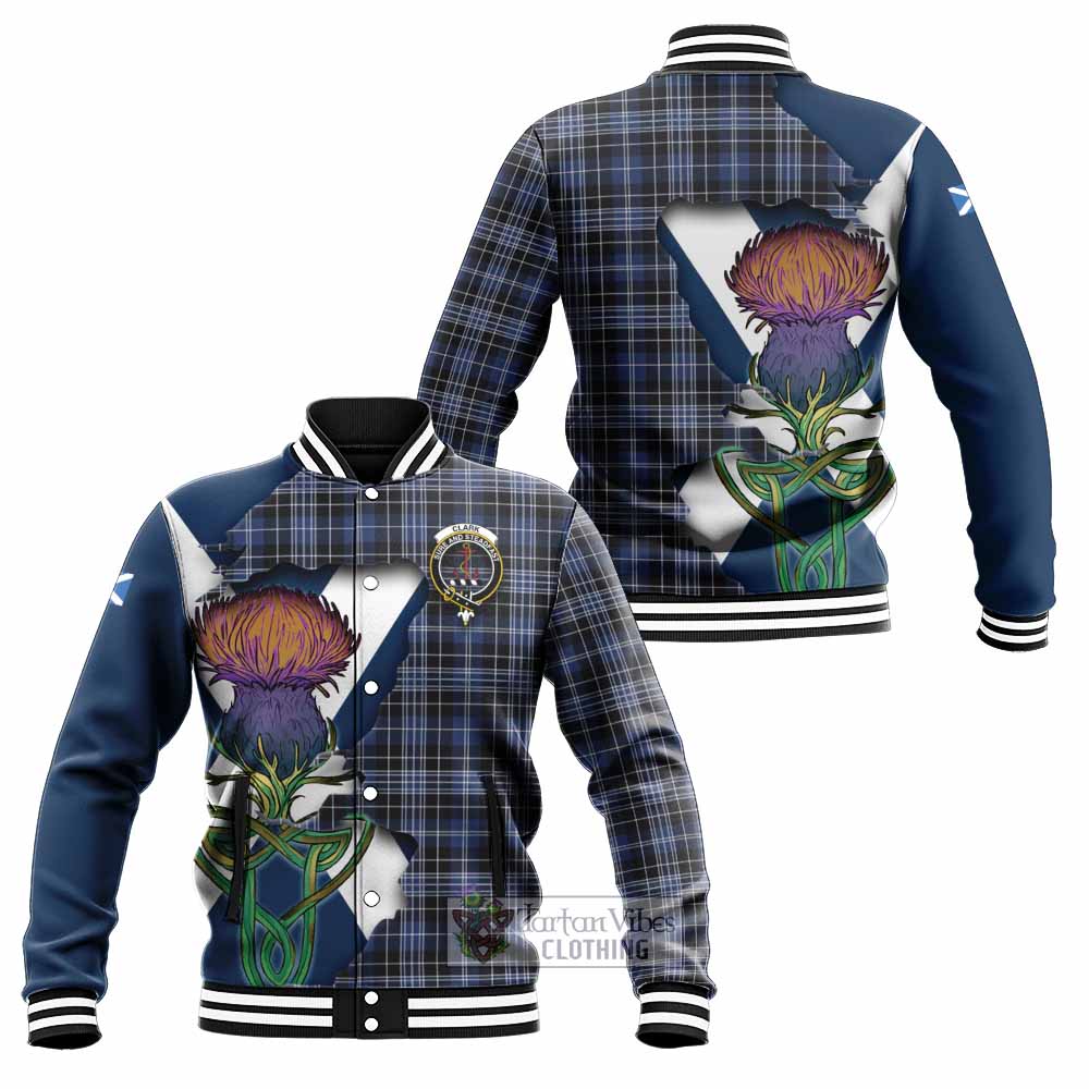 Tartan Vibes Clothing Clark (Clarke) Tartan Family Crest Baseball Jacket Scottish Thistle Celtic Inspired