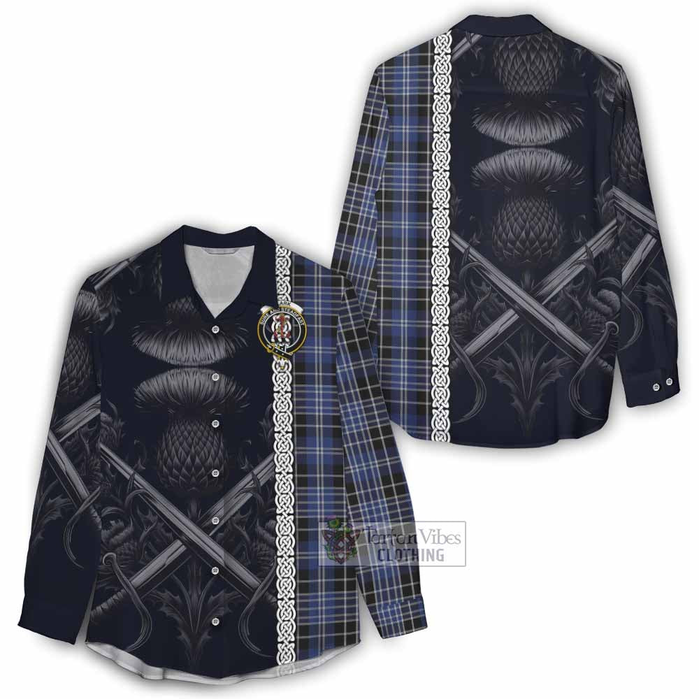 Tartan Vibes Clothing Clark (Clarke) Tartan Women's Casual Shirt with Family Crest Cross Sword Thistle Celtic Vibes