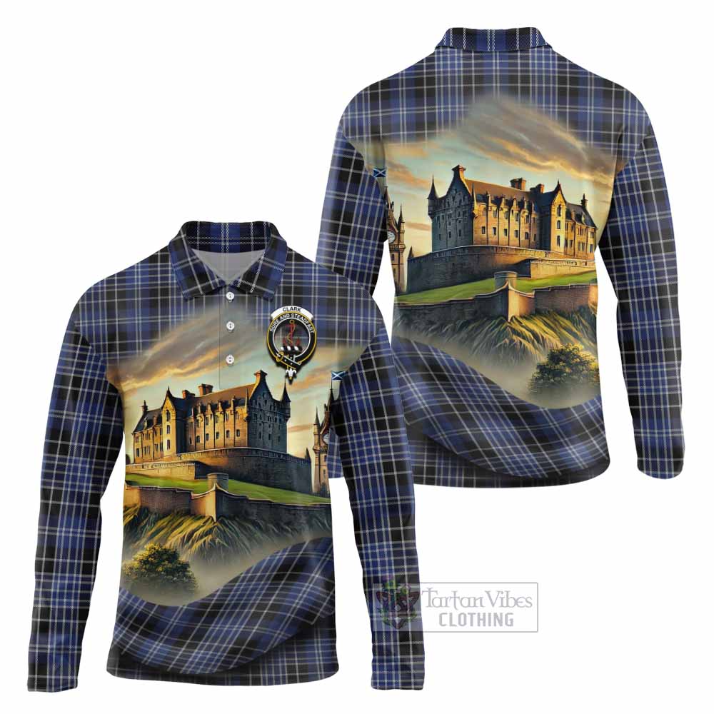 Tartan Vibes Clothing Clark (Clarke) Tartan Family Crest Long Sleeve Polo Shirt with Scottish Ancient Castle Style