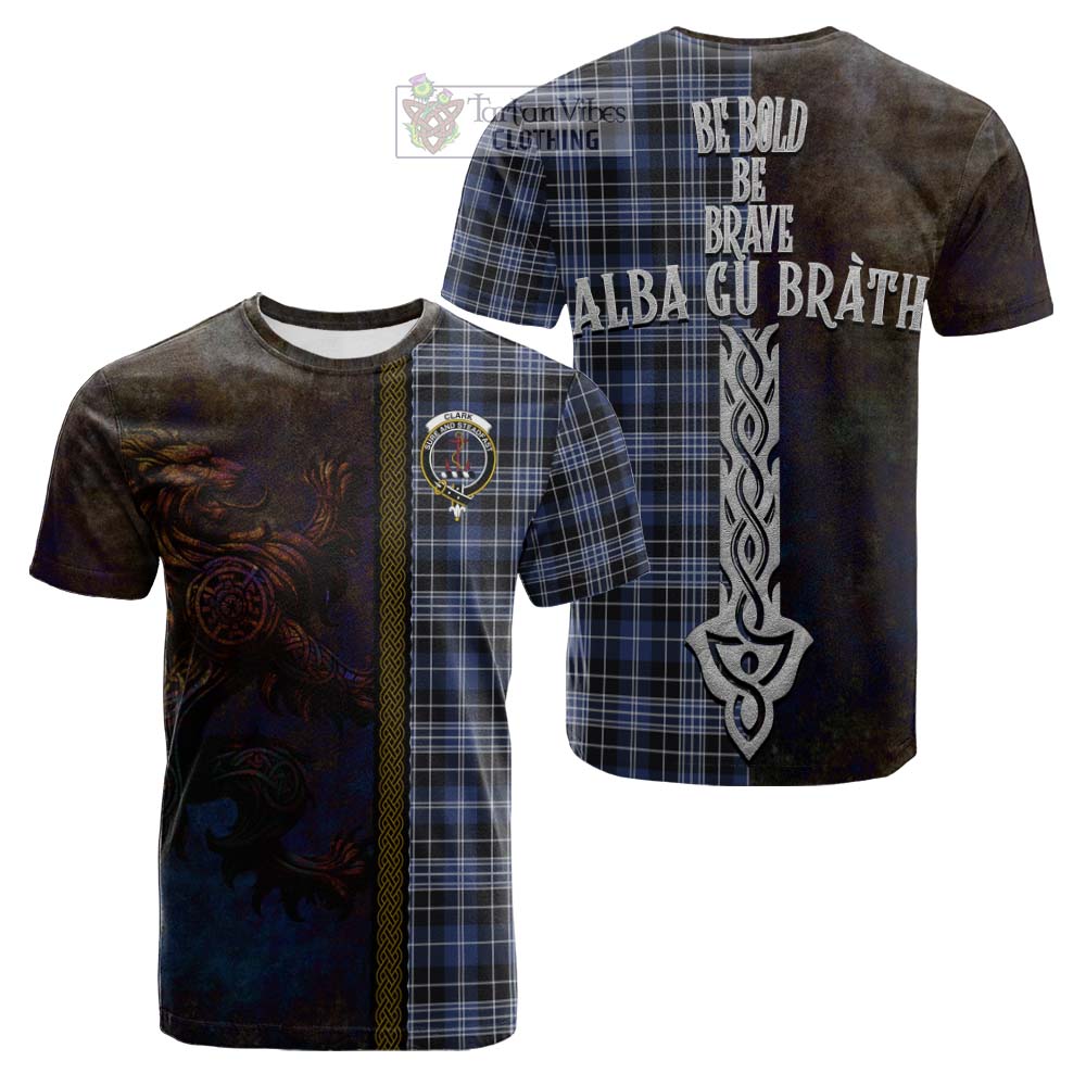 Tartan Vibes Clothing Clark (Clarke) Tartan Family Crest Cotton T-shirt Alba Gu Brath Be Brave Lion Ancient Style