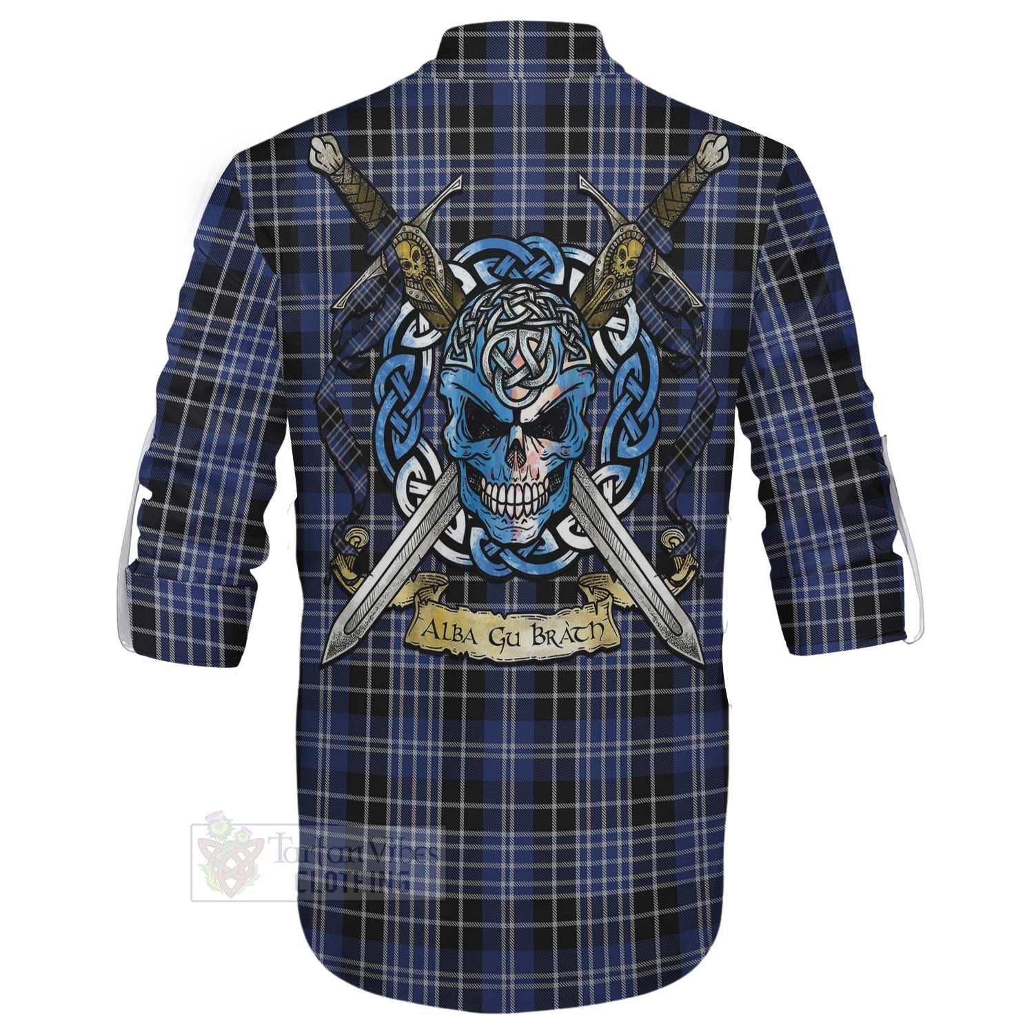 Tartan Vibes Clothing Clark (Clarke) Tartan Ghillie Kilt Shirt with Family Crest Celtic Skull Style