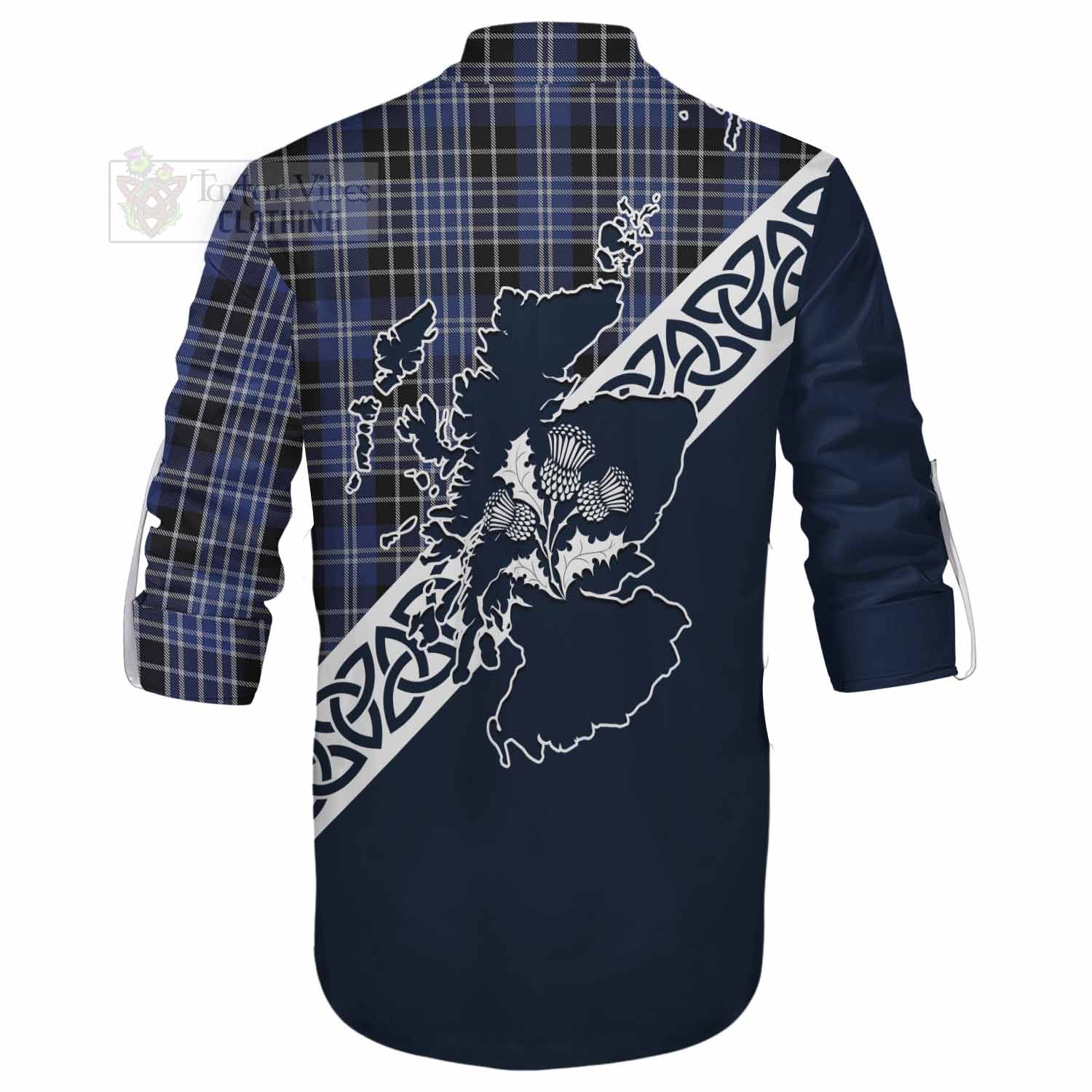 Tartan Vibes Clothing Clark (Clarke) Tartan Ghillie Kilt Shirt Featuring Thistle and Scotland Map