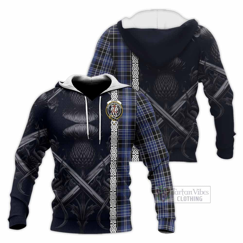 Tartan Vibes Clothing Clark (Clarke) Tartan Knitted Hoodie with Family Crest Cross Sword Thistle Celtic Vibes