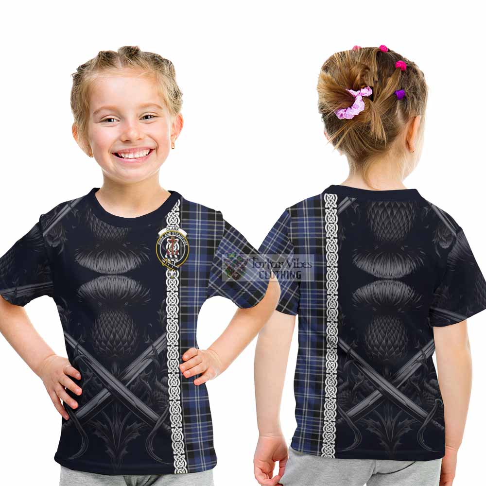 Tartan Vibes Clothing Clark (Clarke) Tartan Kid T-Shirt with Family Crest Cross Sword Thistle Celtic Vibes