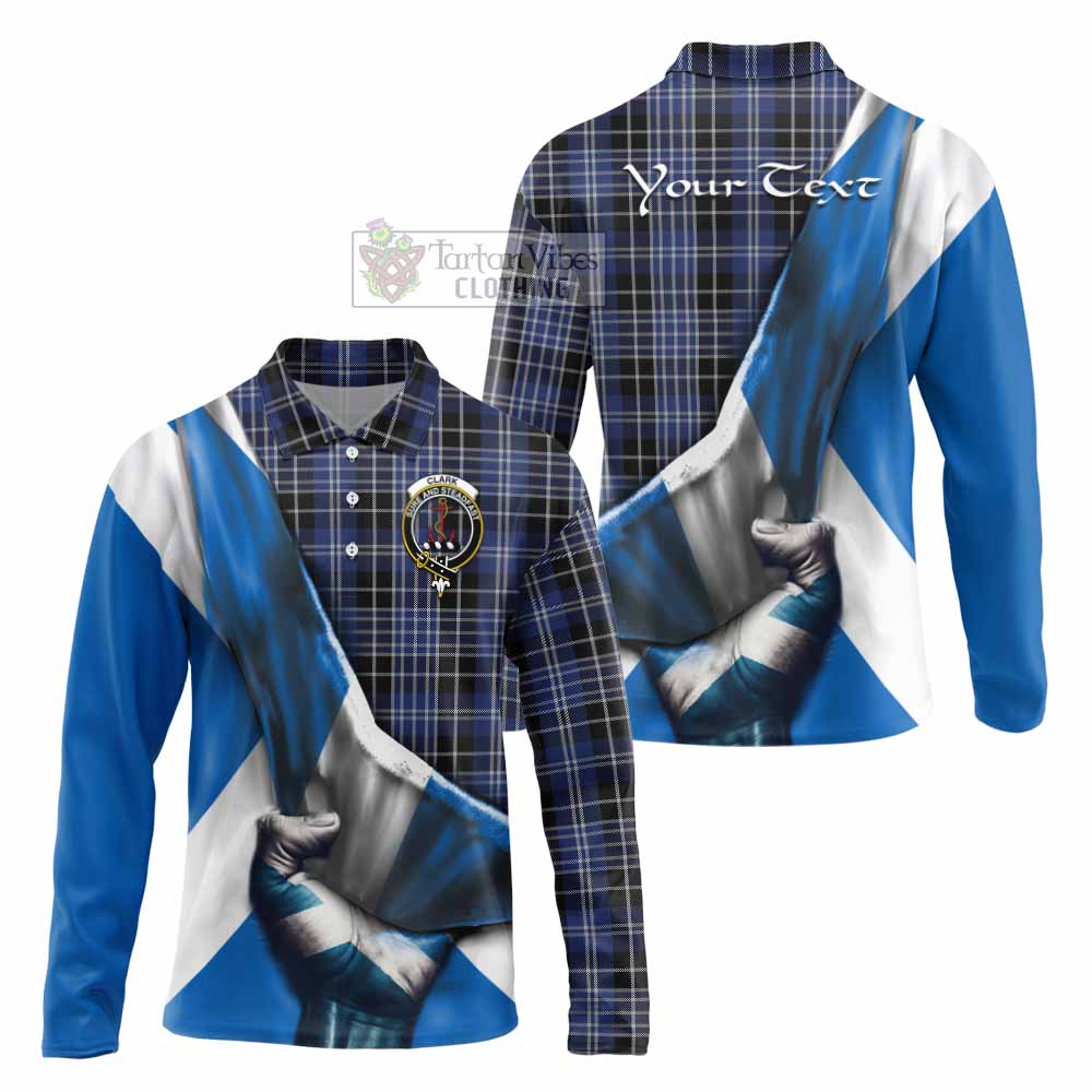 Tartan Vibes Clothing Clark (Clarke) Tartan Long Sleeve Polo Shirt with Family Crest Scotland Patriotic Style