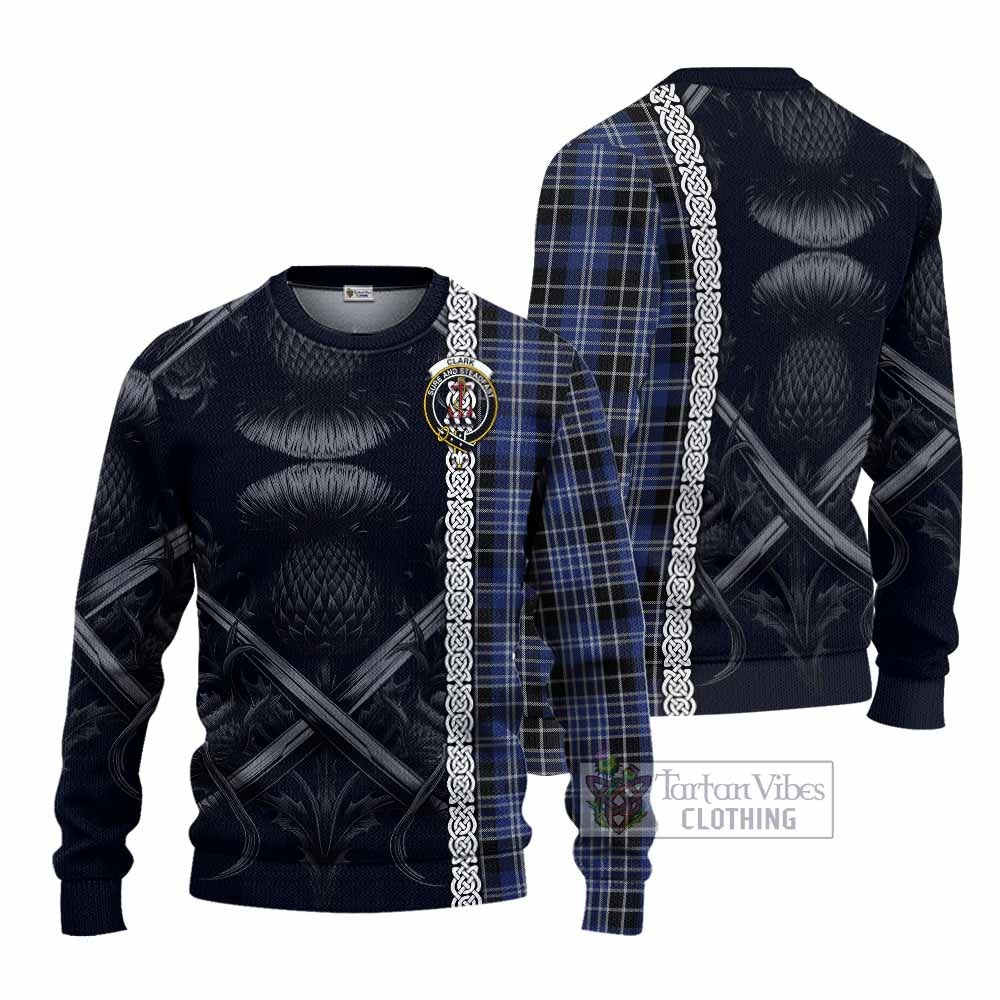 Tartan Vibes Clothing Clark (Clarke) Tartan Knitted Sweater with Family Crest Cross Sword Thistle Celtic Vibes