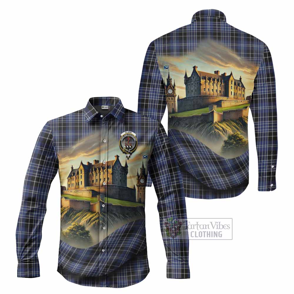 Tartan Vibes Clothing Clark (Clarke) Tartan Family Crest Long Sleeve Button Shirt with Scottish Ancient Castle Style