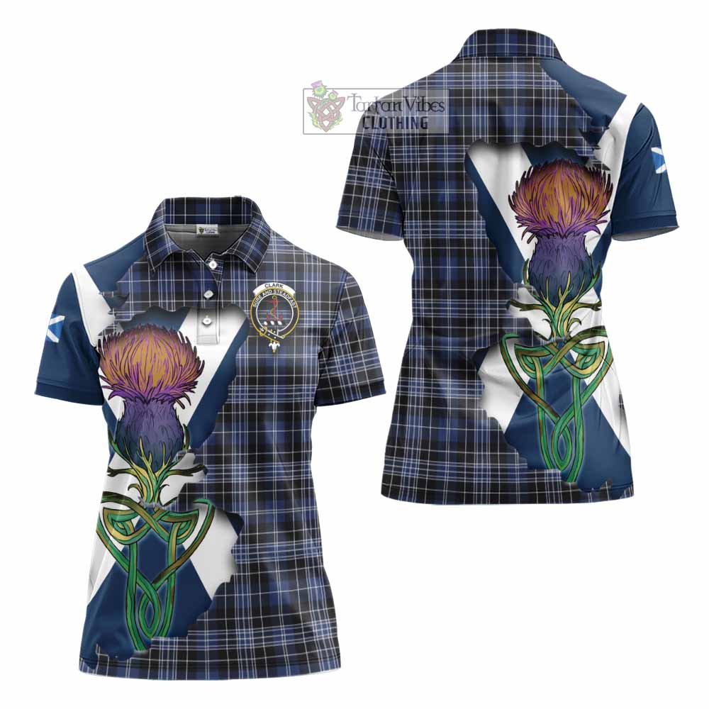 Tartan Vibes Clothing Clark (Clarke) Tartan Family Crest Women's Polo Shirt Scottish Thistle Celtic Inspired