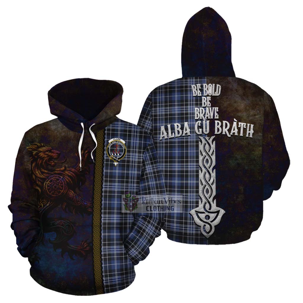 Tartan Vibes Clothing Clark (Clarke) Tartan Family Crest Cotton Hoodie Alba Gu Brath Be Brave Lion Ancient Style