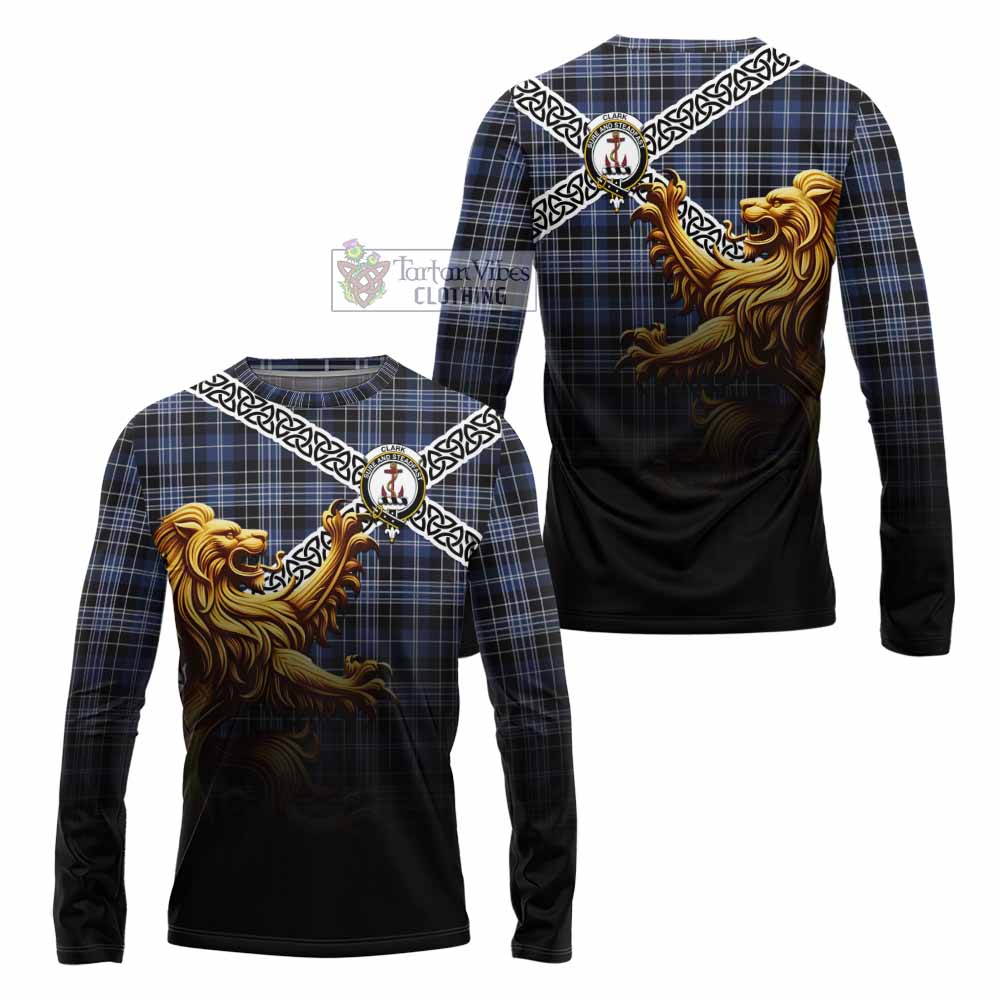 Tartan Vibes Clothing Clark (Clarke) Crest Tartan Long Sleeve T-Shirt with Golden Lion Emblem Celtic Style