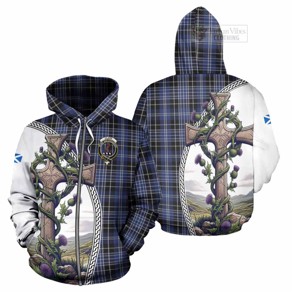 Tartan Vibes Clothing Clark (Clarke) Tartan Hoodie with Family Crest and St. Andrew's Cross Accented by Thistle Vines