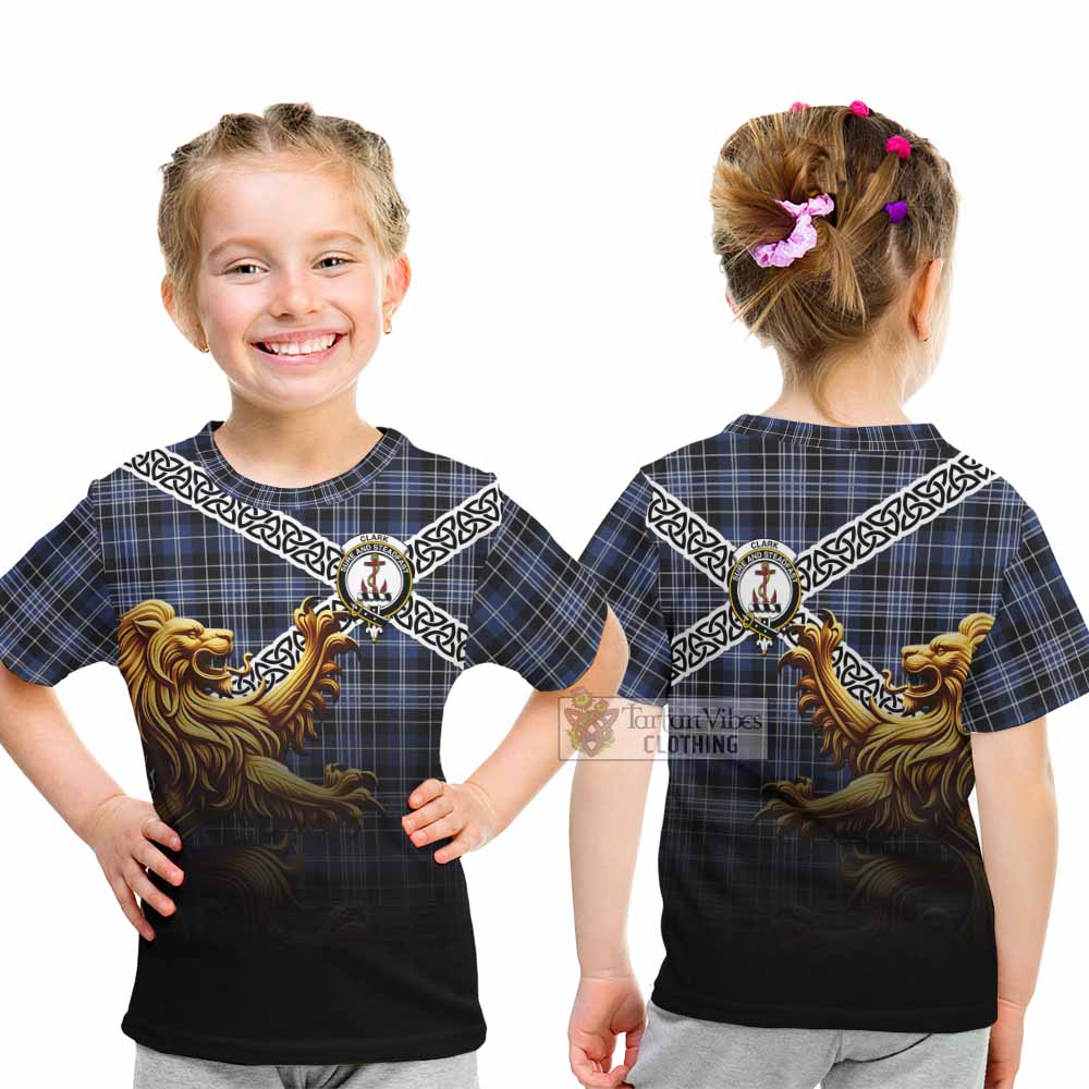 Tartan Vibes Clothing Clark (Clarke) Crest Tartan Kid T-Shirt with Golden Lion Emblem Celtic Style