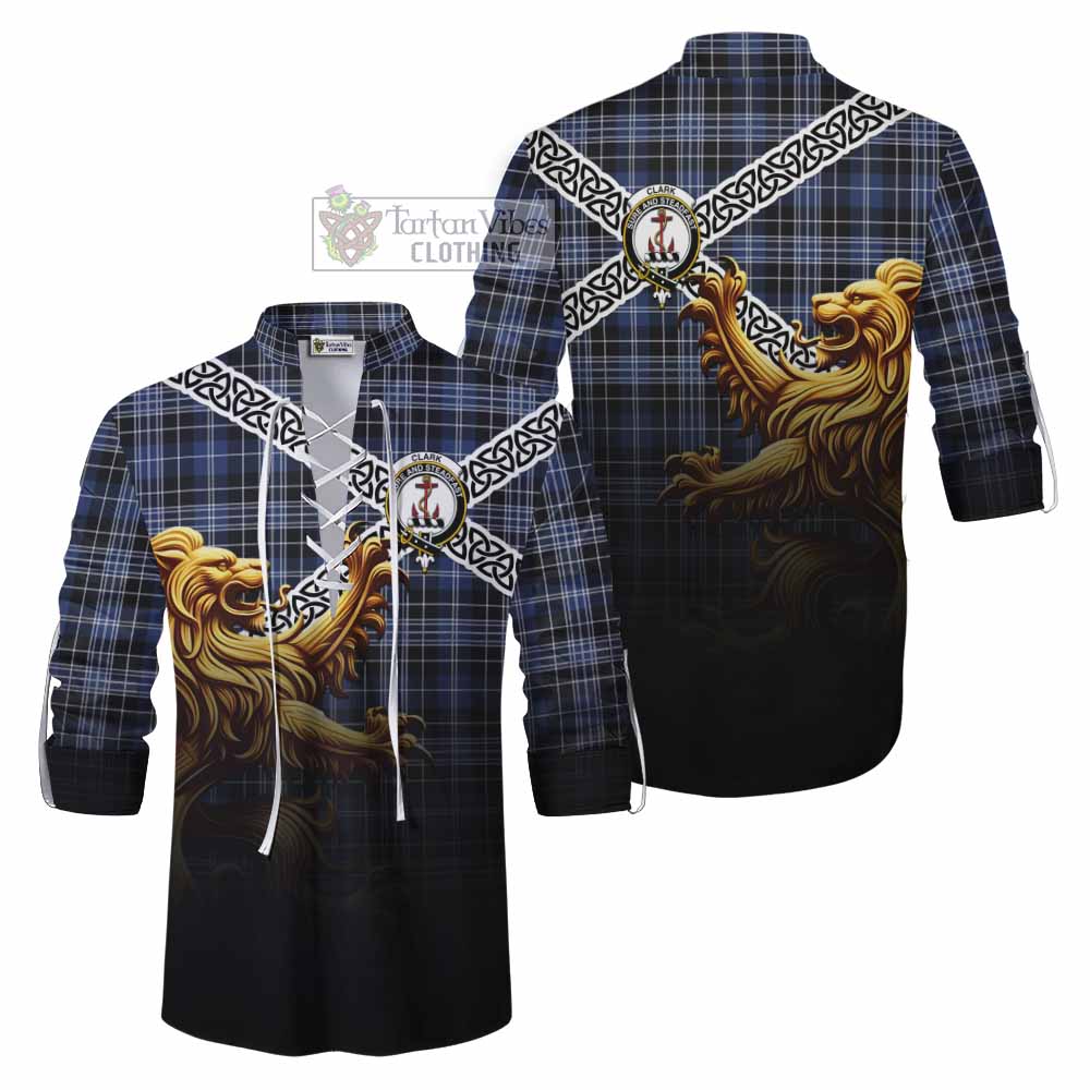Tartan Vibes Clothing Clark (Clarke) Crest Tartan Ghillie Kilt Shirt with Golden Lion Emblem Celtic Style