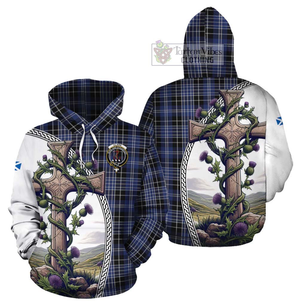 Tartan Vibes Clothing Clark (Clarke) Tartan Cotton Hoodie with Family Crest and St. Andrew's Cross Accented by Thistle Vines