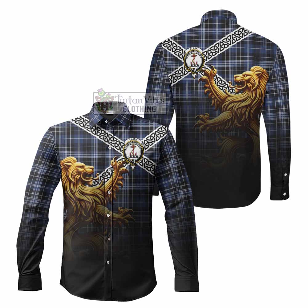 Tartan Vibes Clothing Clark (Clarke) Crest Tartan Long Sleeve Button Shirt with Golden Lion Emblem Celtic Style