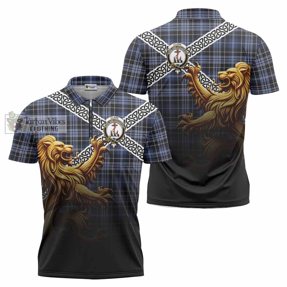 Tartan Vibes Clothing Clark (Clarke) Crest Tartan Zipper Polo Shirt with Golden Lion Emblem Celtic Style