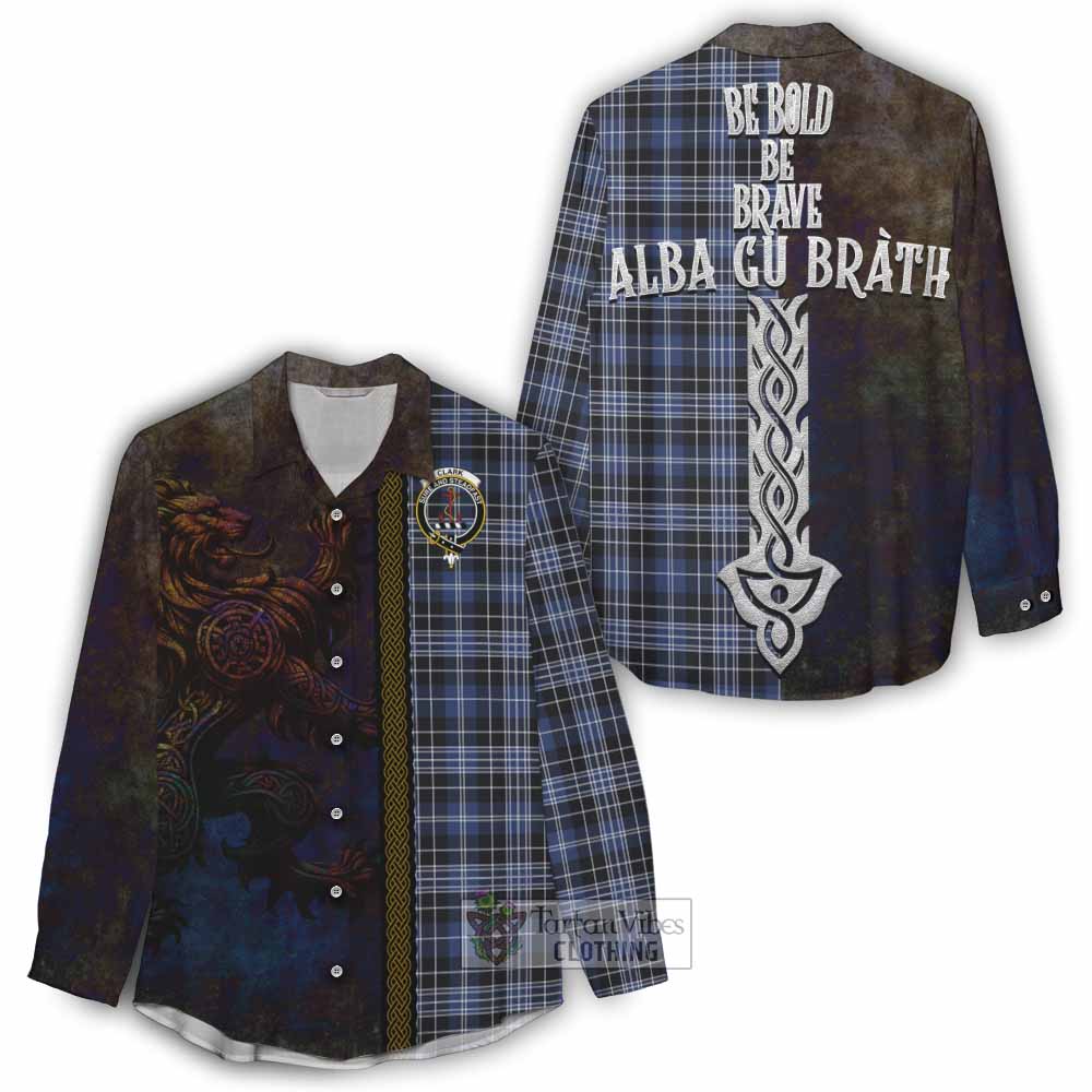 Tartan Vibes Clothing Clark (Clarke) Tartan Family Crest Women's Casual Shirt Alba Gu Brath Be Brave Lion Ancient Style