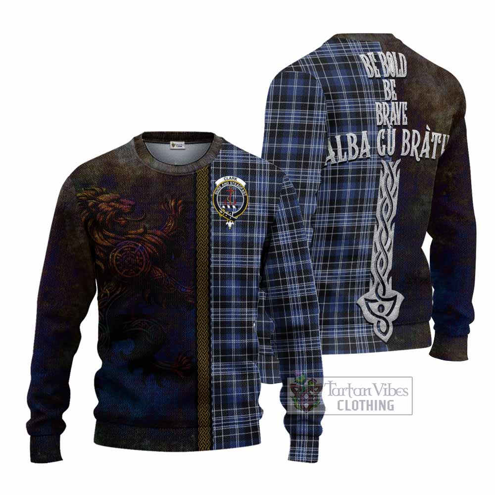 Tartan Vibes Clothing Clark (Clarke) Tartan Family Crest Knitted Sweater Alba Gu Brath Be Brave Lion Ancient Style