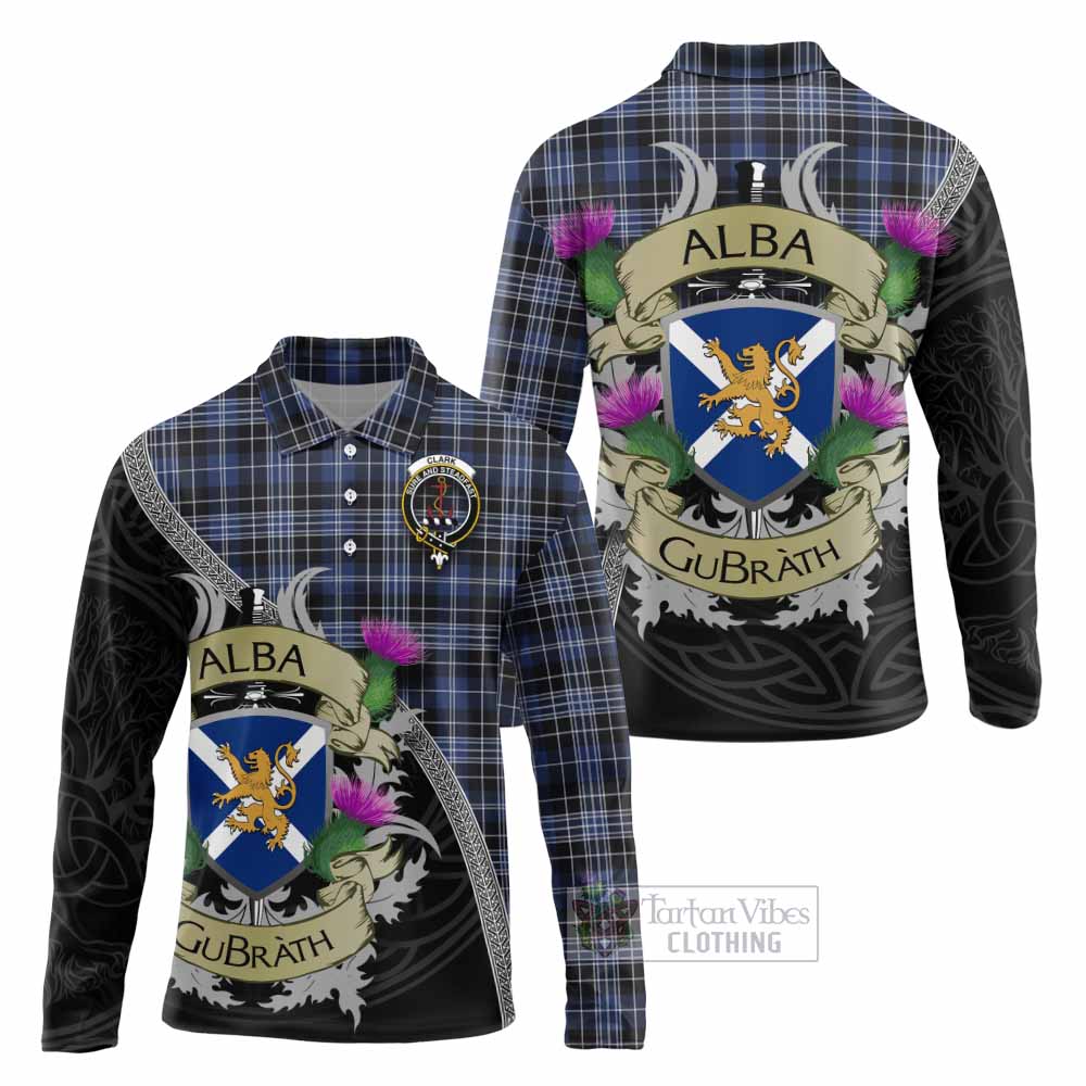 Tartan Vibes Clothing Clark (Clarke) Tartan Family Crest Long Sleeve Polo Shirt Lion Rampant Royal Thistle Shield Celtic Inspired