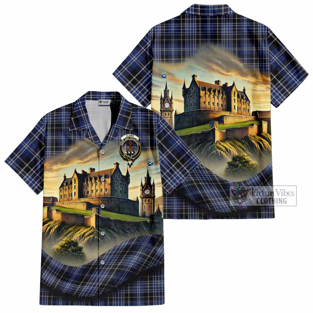 Tartan Vibes Clothing Clark (Clarke) Tartan Family Crest Short Sleeve Button Shirt with Scottish Ancient Castle Style