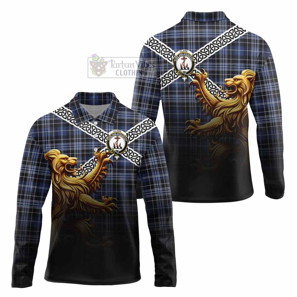 Tartan Vibes Clothing Clark (Clarke) Crest Tartan Long Sleeve Polo Shirt with Golden Lion Emblem Celtic Style