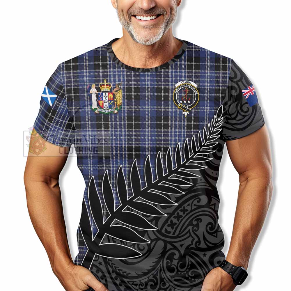Tartan Vibes Clothing Clark (Clarke) Crest Tartan T-Shirt with New Zealand Silver Fern Half Style