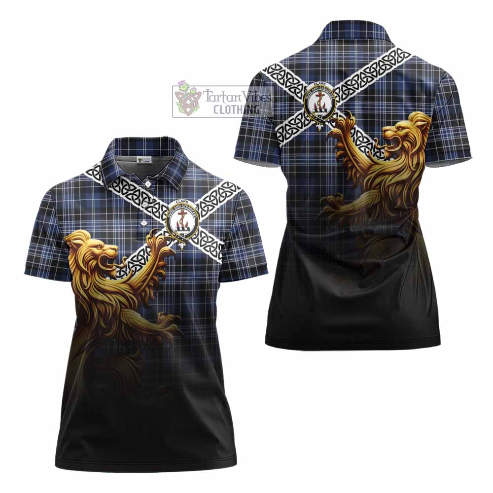 Tartan Vibes Clothing Clark (Clarke) Crest Tartan Women's Polo Shirt with Golden Lion Emblem Celtic Style
