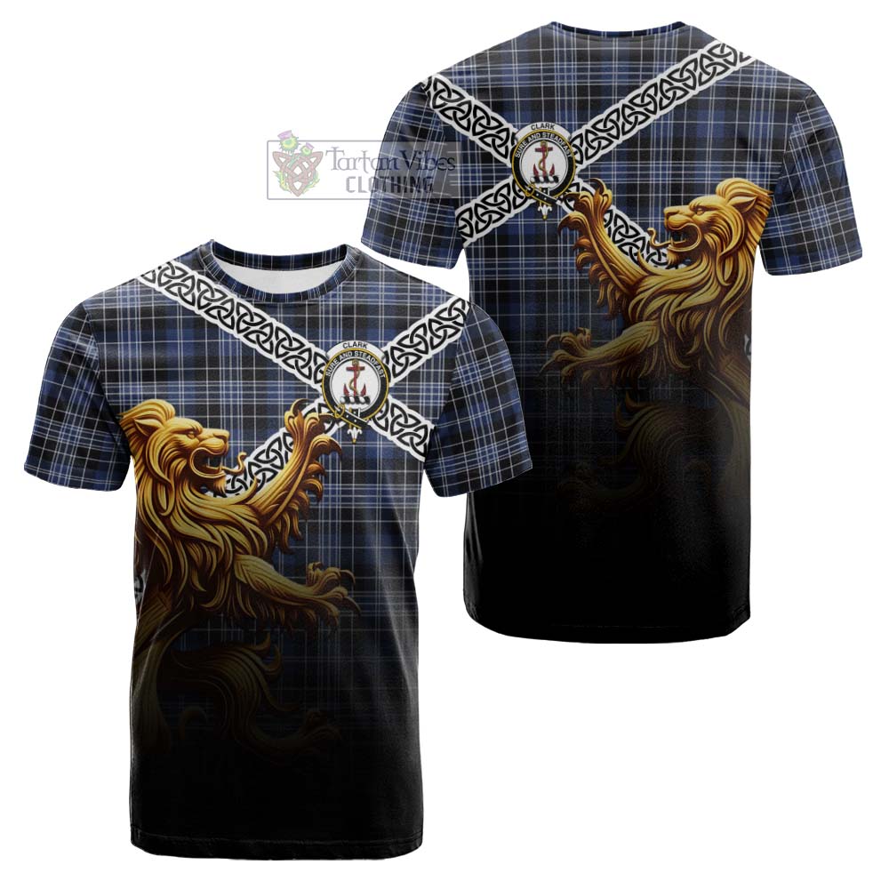 Tartan Vibes Clothing Clark (Clarke) Crest Tartan Cotton T-shirt with Golden Lion Emblem Celtic Style
