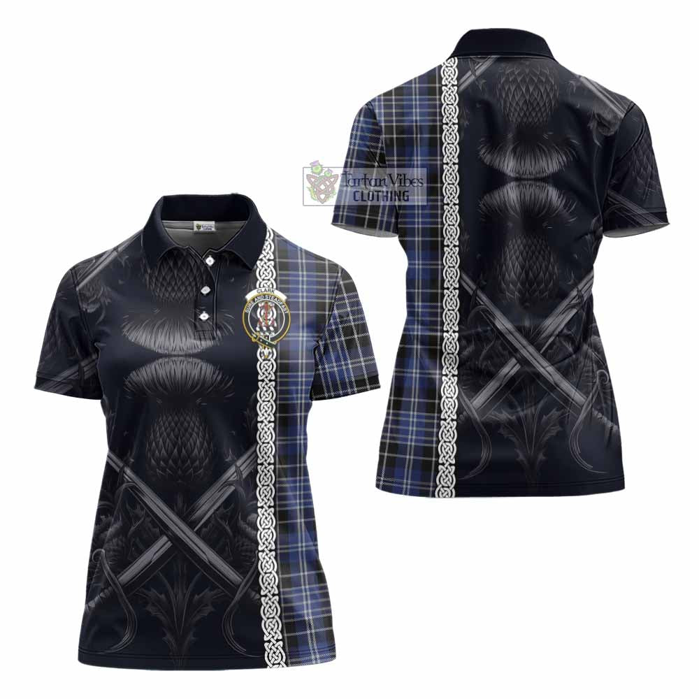 Tartan Vibes Clothing Clark (Clarke) Tartan Women's Polo Shirt with Family Crest Cross Sword Thistle Celtic Vibes