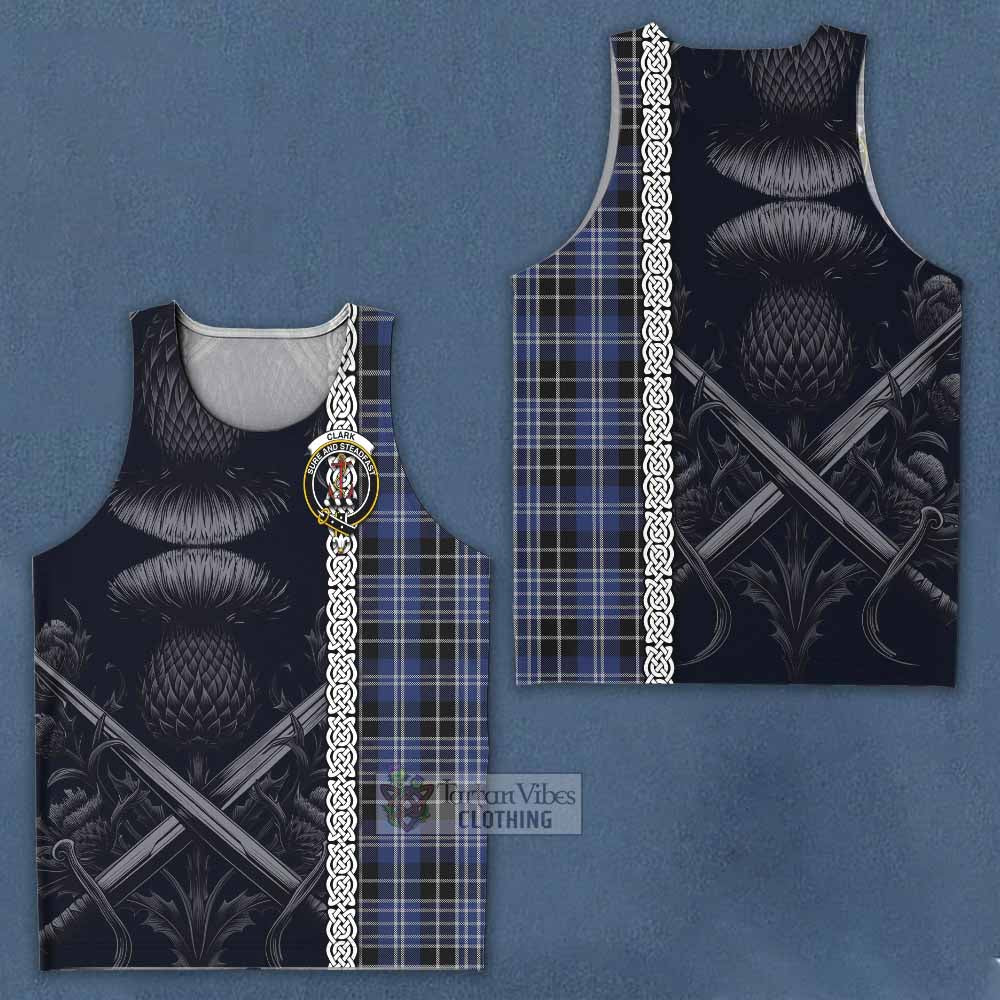 Tartan Vibes Clothing Clark (Clarke) Tartan Men's Tank Top with Family Crest Cross Sword Thistle Celtic Vibes