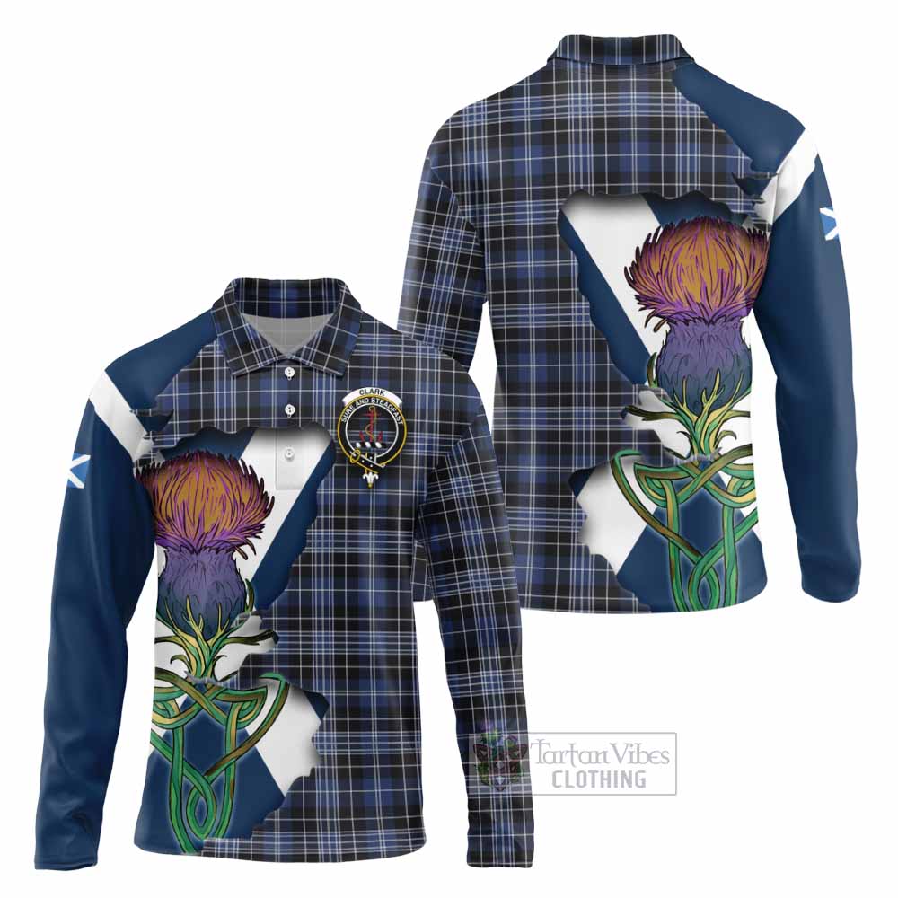 Tartan Vibes Clothing Clark (Clarke) Tartan Family Crest Long Sleeve Polo Shirt Scottish Thistle Celtic Inspired