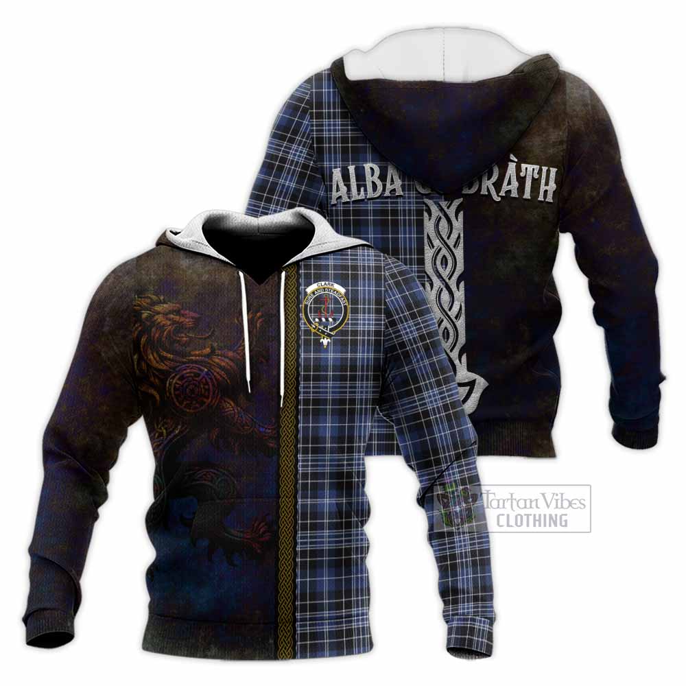 Tartan Vibes Clothing Clark (Clarke) Tartan Family Crest Knitted Hoodie Alba Gu Brath Be Brave Lion Ancient Style