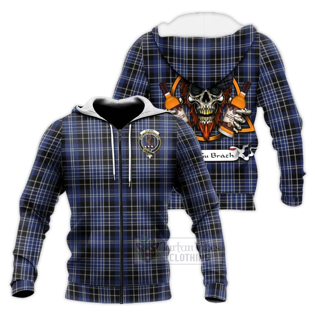 Tartan Vibes Clothing Clark (Clarke) Tartan Knitted Hoodie with Family Crest and Bearded Skull Holding Bottles of Whiskey