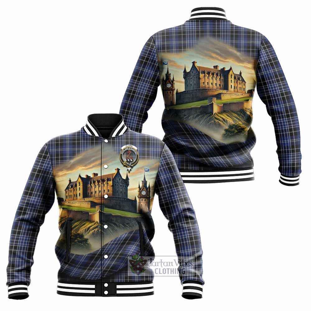 Clark (Clarke) Tartan Family Crest Baseball Jacket with Scottish Ancient Castle Style - Tartan Vibes Clothing