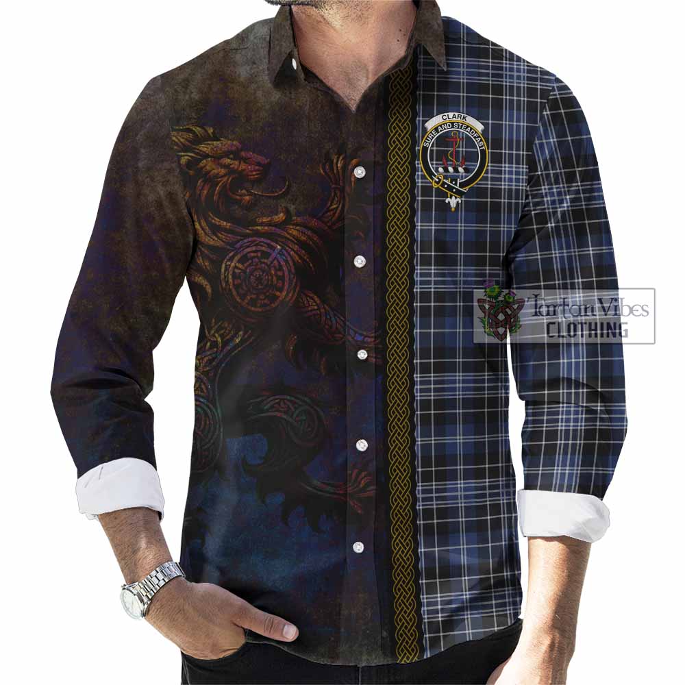 Tartan Vibes Clothing Clark (Clarke) Tartan Family Crest Long Sleeve Button Shirt Alba Gu Brath Be Brave Lion Ancient Style