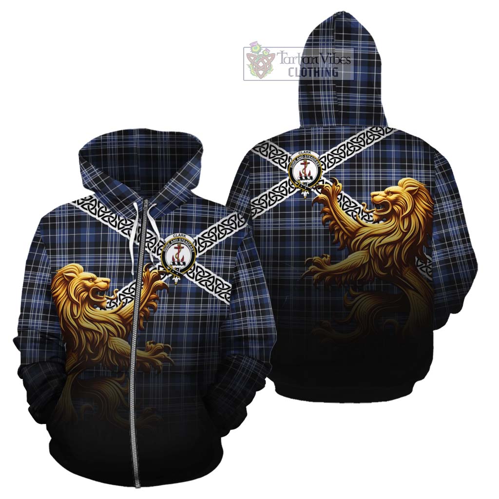 Tartan Vibes Clothing Clark (Clarke) Crest Tartan Cotton Hoodie with Golden Lion Emblem Celtic Style