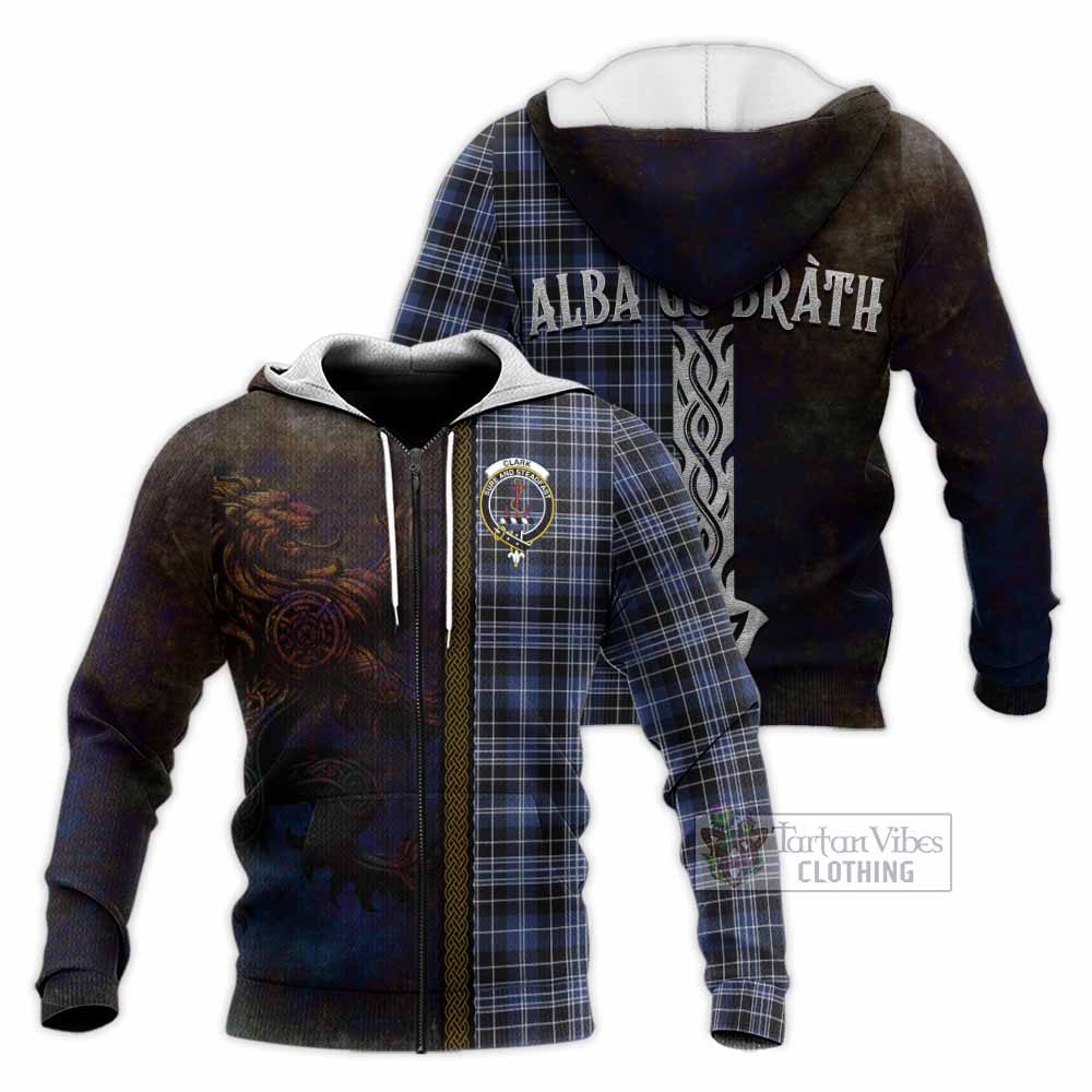 Tartan Vibes Clothing Clark (Clarke) Tartan Family Crest Knitted Hoodie Alba Gu Brath Be Brave Lion Ancient Style
