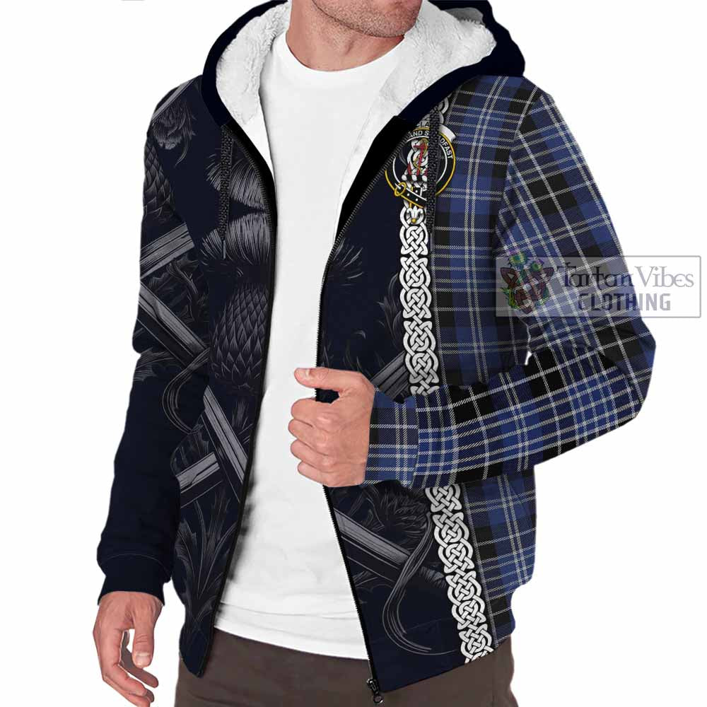 Tartan Vibes Clothing Clark (Clarke) Tartan Sherpa Hoodie with Family Crest Cross Sword Thistle Celtic Vibes